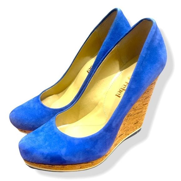 LUXURY REBEL Selma Blue Suede Wedges - Picture 1 of 5